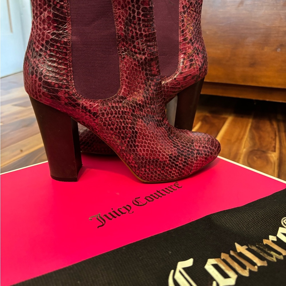 Juicy Couture burgundy  Snake Print Heeled Boots. Size 7.5
